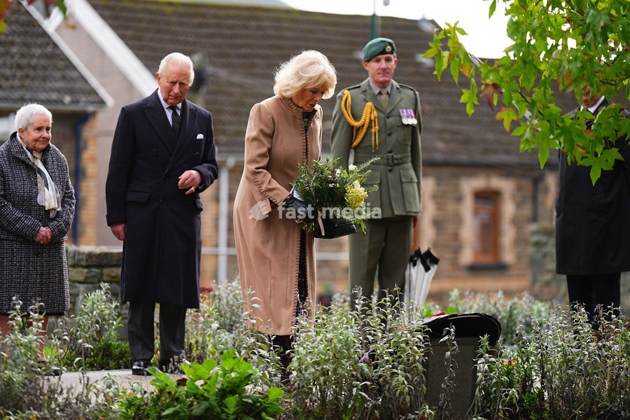 Queen Camilla lays flowers at Aberfan Memorial Garden, where survivors, bereaved parents and members of the community are paying tribute to the 144 people who lost their lives in the Aberfan disaster on October 21 1966. Picture date: Wednesday October 21, 2026