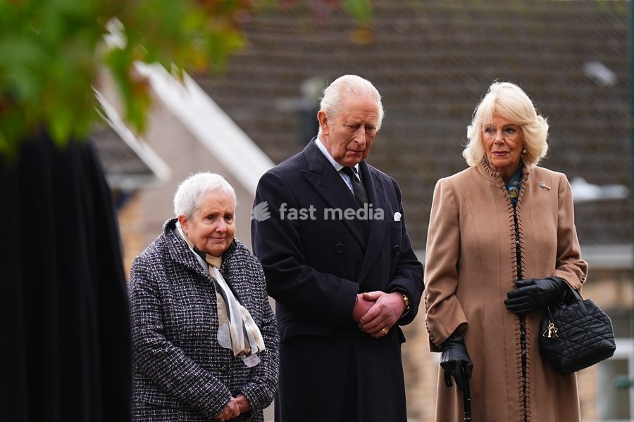King Charles III and Queen Camilla with Mair Morgan, the last surviving teacher from Pantglas Junior School, at Aberfan Memorial Garden, where survivors, bereaved parents and members of the community are paying tribute to the 144 people who lost their lives in the Aberfan disaster on October 21…