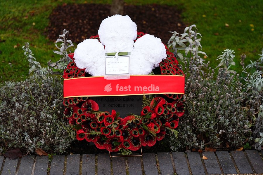 The wreath laid by the Prince of Wales at Aberfan Memorial Garden, where survivors, bereaved parents and members of the community are paying tribute to the 144 people who lost their lives in the Aberfan disaster on October 21 1966. Picture date: Wednesday October 21, 2026