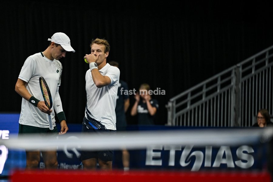Michael Geerts of Belgium, Joran Vliegen of Belgium pictured during the European Open ATP tennis tournament in Brussels, on 21 October. This year's edition of the tournament is taking place from 17 to 25 October
