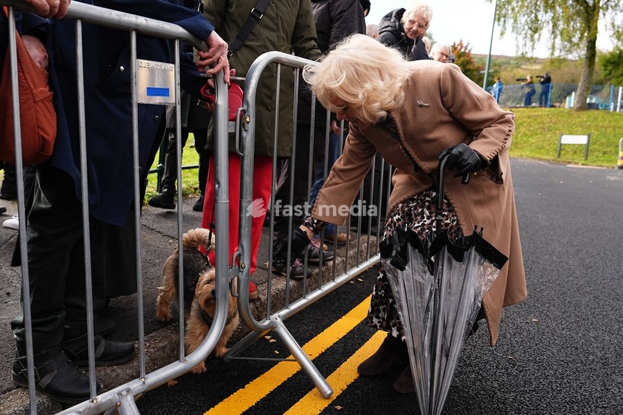 Queen Camilla pets a dog waiting with members of the public lining the streets outside Aberfan Memorial Garden, where survivors, bereaved parents and members of the community are paying tribute to the 144 people who lost their lives in the Aberfan disaster on October 21 1966. Picture date:…