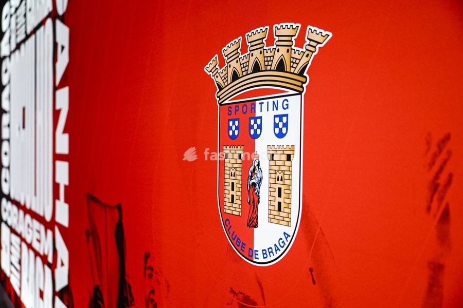 The SC Braga club logo pictured ahead of a press conference of Belgian soccer team KAA Gent, Wednesday 21 October 2026 in Braga, Portugal. The team is preparing for the second match of the UEFA Conference League league phase against Portuguese SC Braga tomorrow