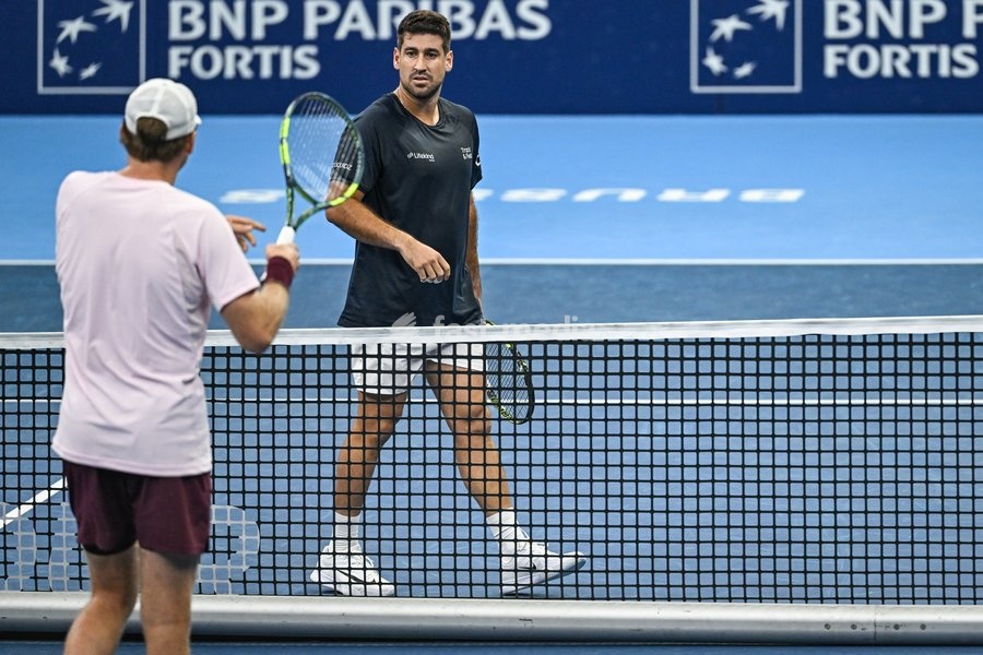 Francisco Cerundolo of Argentina, Alex Michelsen of the United States pictured in action during the European Open ATP tennis tournament in Brussels, on 21 October. This year's edition of the tournament is taking place from 17 to 25 October
