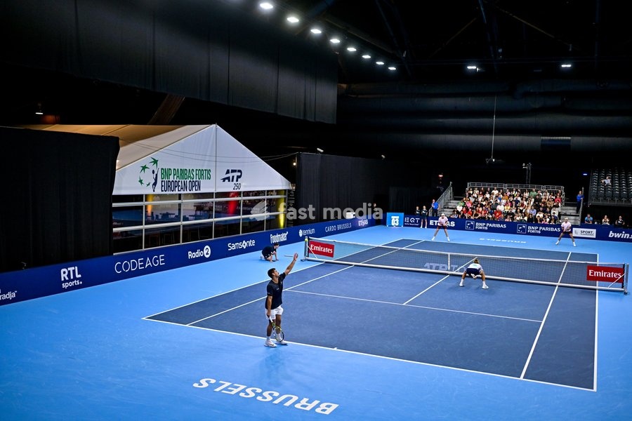 Orlando Luz of Brazil, Rafael Matos of Brazil, Francisco Cerundolo of Argentina, Alex Michelsen of the United States pictured in action during the European Open ATP tennis tournament in Brussels, on 21 October. This year's edition of the tournament is taking place from 17 to 25 October