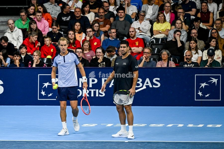 Orlando Luz of Brazil, Rafael Matos of Brazil pictured in action during the European Open ATP tennis tournament in Brussels, on 21 October. This year's edition of the tournament is taking place from 17 to 25 October