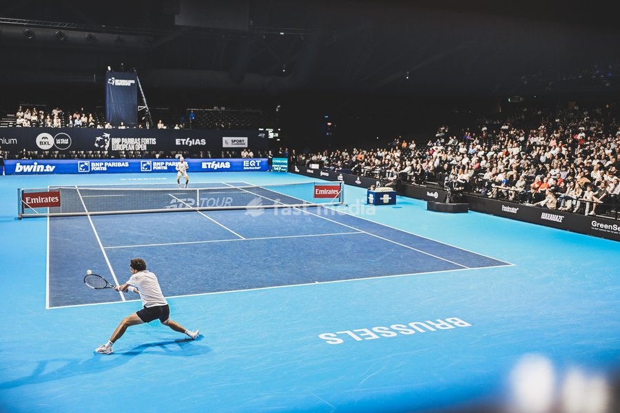 Jacob Fearnley of Great Britain, Clement Chidekh of France pictured in action during the European Open ATP tennis tournament in Brussels, on 21 October. This year's edition of the tournament is taking place from 17 to 25 October