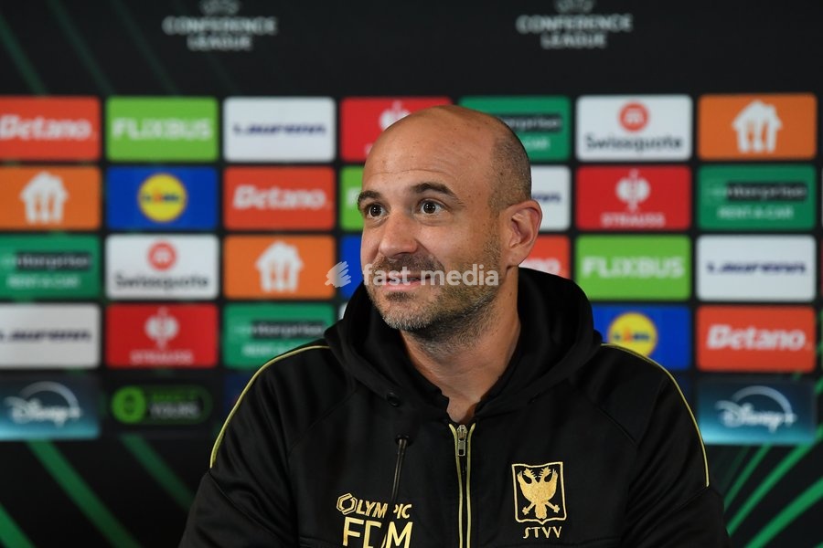 STVV's head coach Frederic De Meyer pictured during a press conference of Belgian soccer team Sint-Truidense VV, Wednesday 21 October 2026 in Herning, Denmark, in preparation of tomorrow's game against Danish FC Midtjylland on the second day of the UEFA Conference League league phase