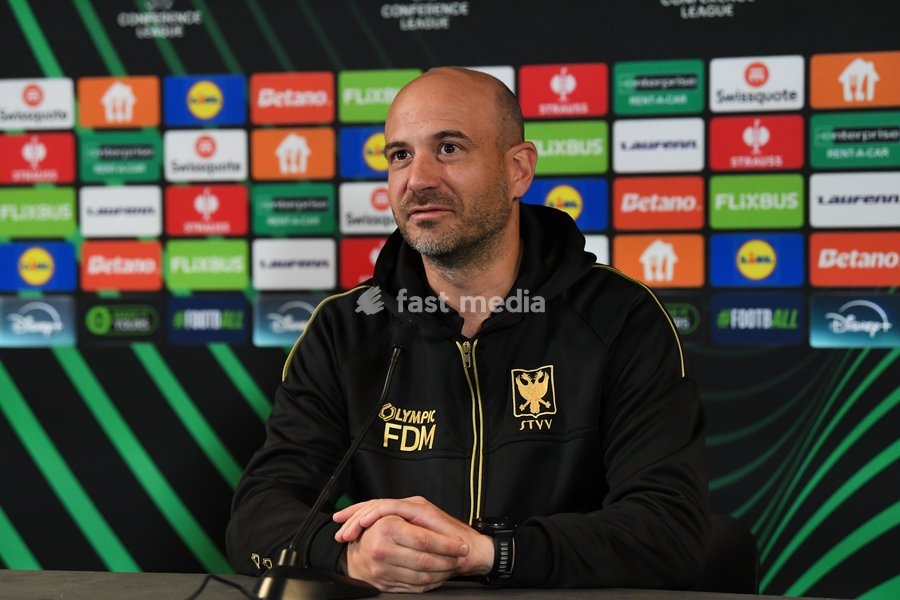 STVV's head coach Frederic De Meyer pictured during a press conference of Belgian soccer team Sint-Truidense VV, Wednesday 21 October 2026 in Herning, Denmark, in preparation of tomorrow's game against Danish FC Midtjylland on the second day of the UEFA Conference League league phase
