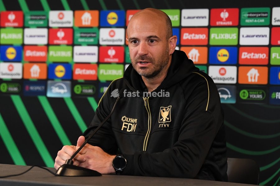 STVV's head coach Frederic De Meyer pictured during a press conference of Belgian soccer team Sint-Truidense VV, Wednesday 21 October 2026 in Herning, Denmark, in preparation of tomorrow's game against Danish FC Midtjylland on the second day of the UEFA Conference League league phase