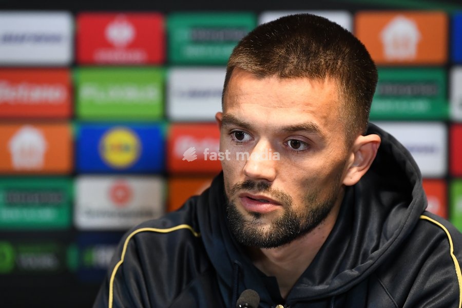 STVV's Visar Musliu pictured during a press conference of Belgian soccer team Sint-Truidense VV, Wednesday 21 October 2026 in Herning, Denmark, in preparation of tomorrow's game against Danish FC Midtjylland on the second day of the UEFA Conference League league phase