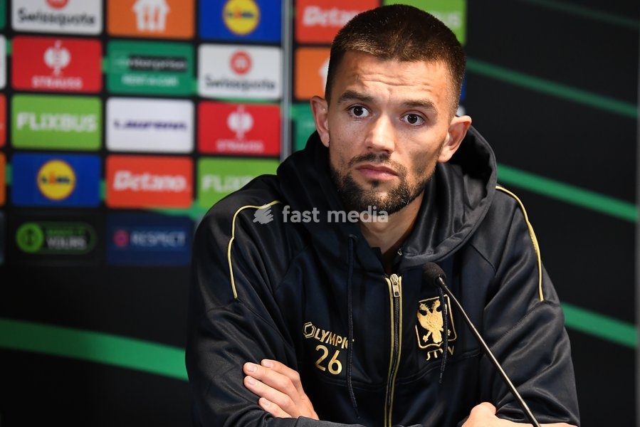 STVV's Visar Musliu pictured during a press conference of Belgian soccer team Sint-Truidense VV, Wednesday 21 October 2026 in Herning, Denmark, in preparation of tomorrow's game against Danish FC Midtjylland on the second day of the UEFA Conference League league phase