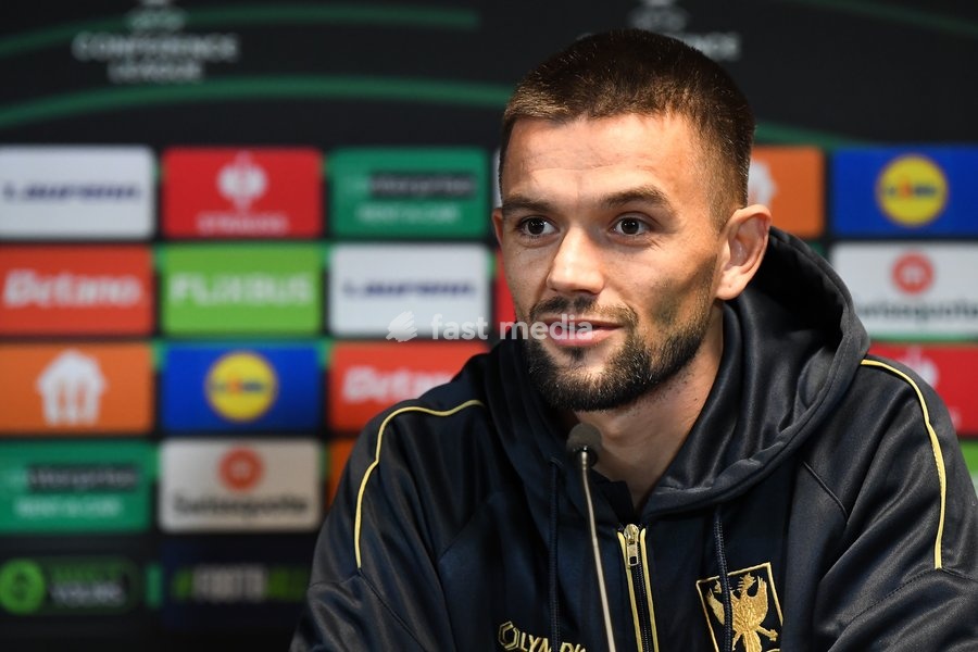 STVV's Visar Musliu pictured during a press conference of Belgian soccer team Sint-Truidense VV, Wednesday 21 October 2026 in Herning, Denmark, in preparation of tomorrow's game against Danish FC Midtjylland on the second day of the UEFA Conference League league phase