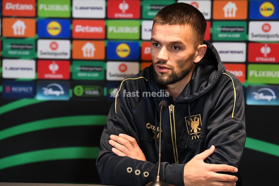 STVV's Visar Musliu pictured during a press conference of Belgian soccer team Sint-Truidense VV, Wednesday 21 October 2026 in Herning, Denmark, in preparation of tomorrow's game against Danish FC Midtjylland on the second day of the UEFA Conference League league phase
