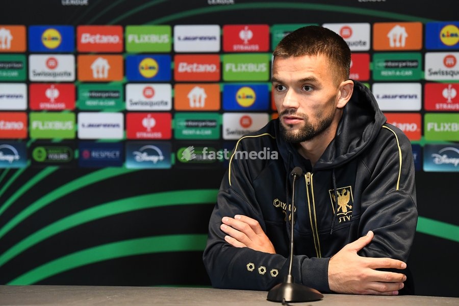 STVV's Visar Musliu pictured during a press conference of Belgian soccer team Sint-Truidense VV, Wednesday 21 October 2026 in Herning, Denmark, in preparation of tomorrow's game against Danish FC Midtjylland on the second day of the UEFA Conference League league phase