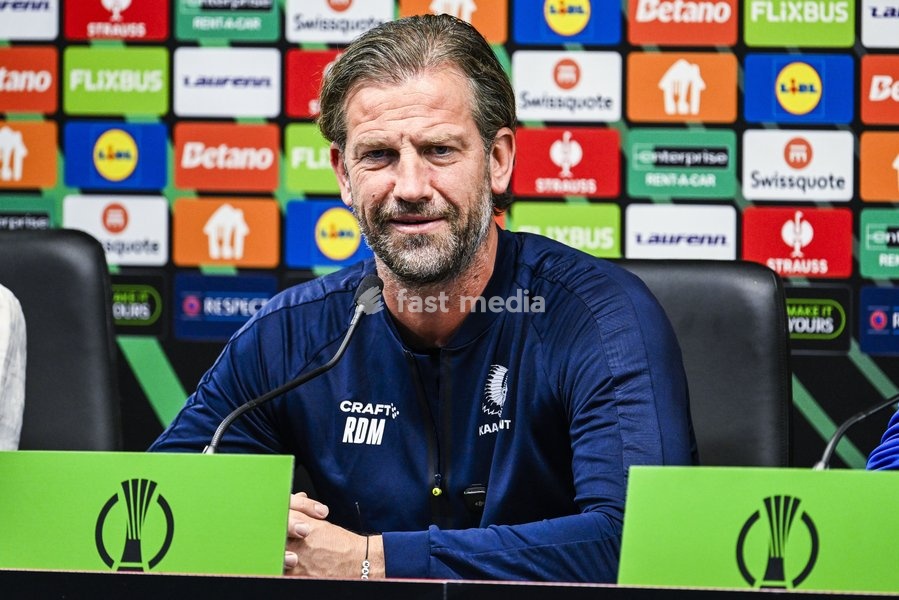Rik De Mil, head coach of KAA Gent pictured during a press conference of Belgian soccer team KAA Gent, Wednesday 21 October 2026 in Braga, Portugal. The team is preparing for the second match of the UEFA Conference League league phase against Portuguese SC Braga tomorrow