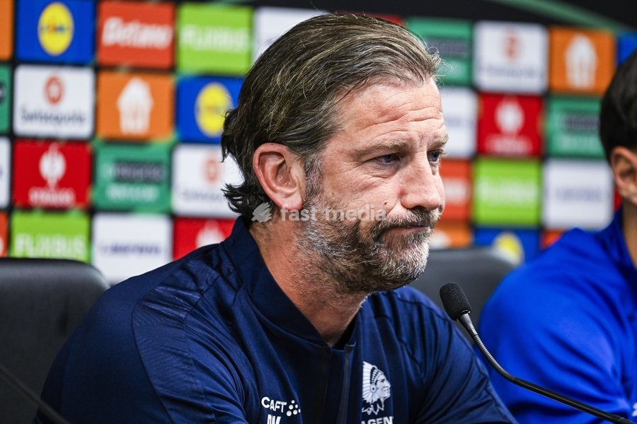 Rik De Mil, head coach of KAA Gent pictured during a press conference of Belgian soccer team KAA Gent, Wednesday 21 October 2026 in Braga, Portugal. The team is preparing for the second match of the UEFA Conference League league phase against Portuguese SC Braga tomorrow