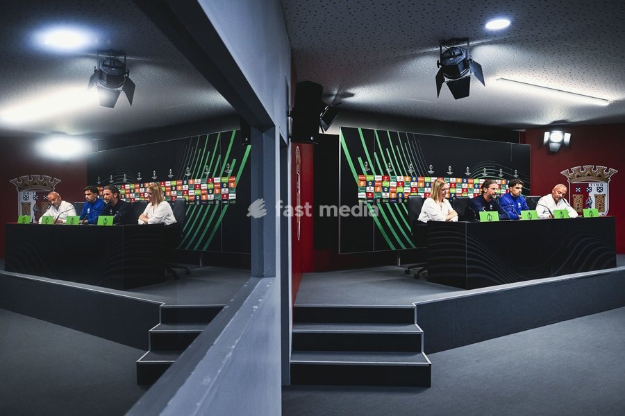 Tahnee Leece, communications manager of KAA Gent, Rik De Mil, head coach of KAA Gent and Tiago Araujo of KAA Gent pictured during a press conference of Belgian soccer team KAA Gent, Wednesday 21 October 2026 in Braga, Portugal. The team is preparing for the second match of the UEFA Conference…