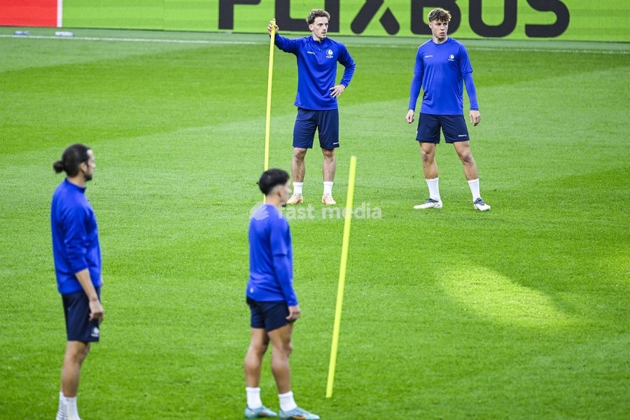 Gilles De Meyer of KAA Gent and Tibe De Vlieger of KAA Gent pictured during a training session of Belgian soccer team KAA Gent, Wednesday 21 October 2026 in Braga, Portugal. The team is preparing for the second match of the UEFA Conference League league phase against Portuguese SC Braga tomorrow