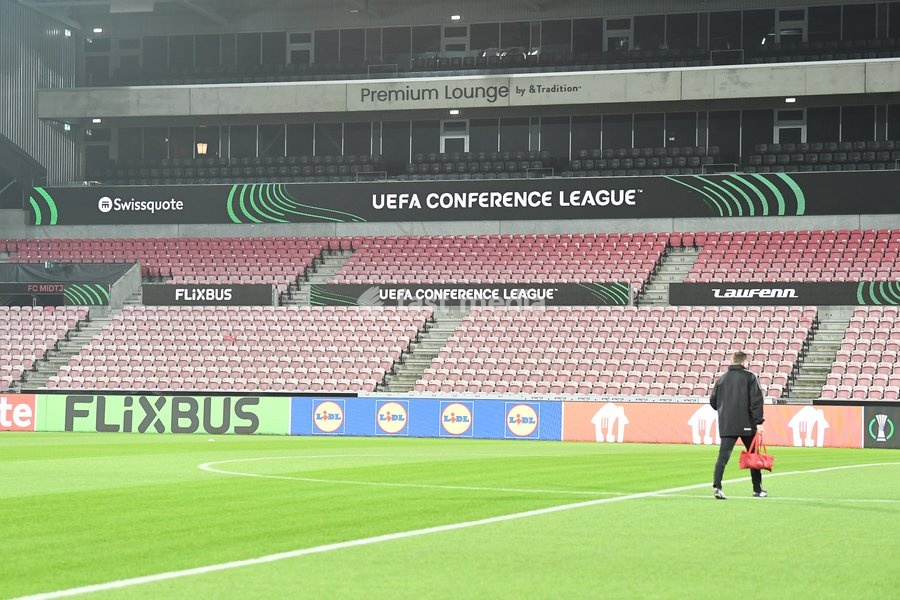 The stadium pictured during a training session of Belgian soccer team Sint-Truidense VV, Wednesday 21 October 2026 in Herning, Denmark, in preparation of tomorrow's game against Danish FC Midtjylland on the second day of the UEFA Conference League league phase