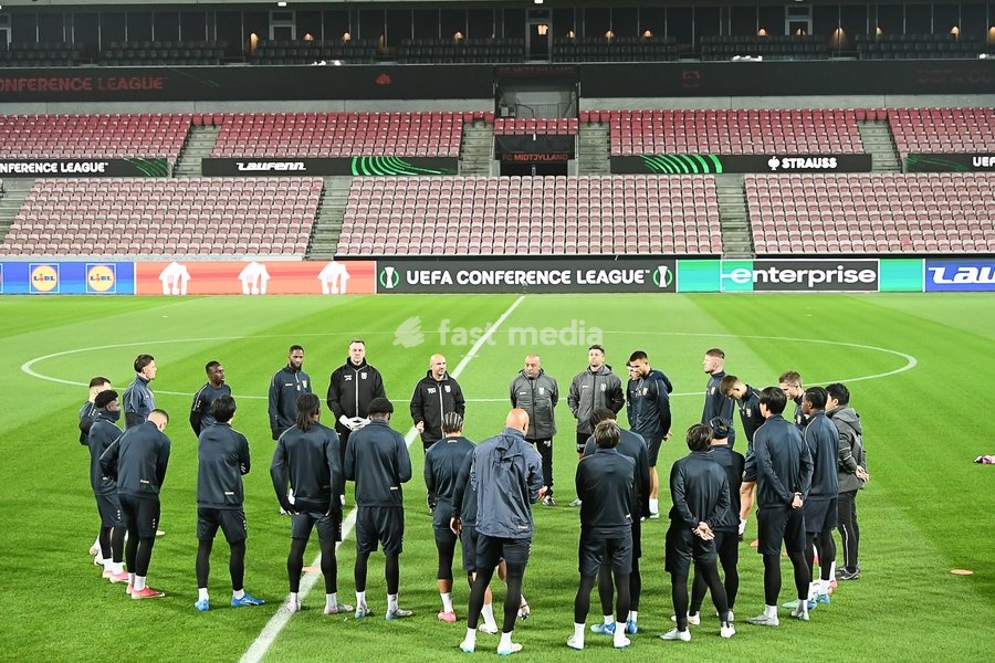 STVV's players pictured during a training session of Belgian soccer team Sint-Truidense VV, Wednesday 21 October 2026 in Herning, Denmark, in preparation of tomorrow's game against Danish FC Midtjylland on the second day of the UEFA Conference League league phase