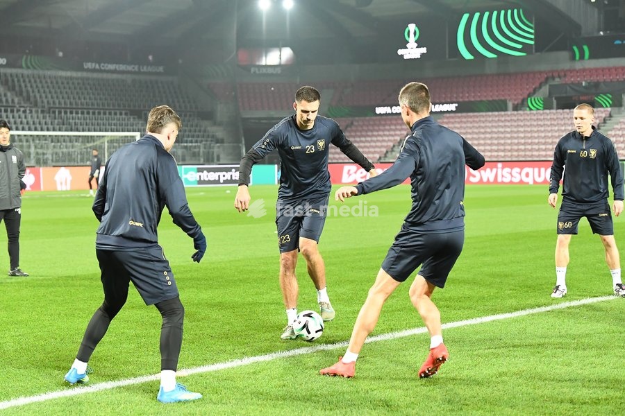 STVV's players pictured during a training session of Belgian soccer team Sint-Truidense VV, Wednesday 21 October 2026 in Herning, Denmark, in preparation of tomorrow's game against Danish FC Midtjylland on the second day of the UEFA Conference League league phase