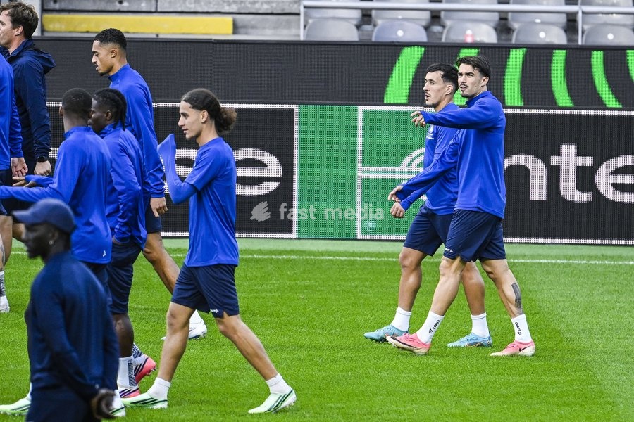 Abdelkahar Kadri of KAA Gent and Tiago Araujo of KAA Gent pictured during a training session of Belgian soccer team KAA Gent, Wednesday 21 October 2026 in Braga, Portugal. The team is preparing for the second match of the UEFA Conference League league phase against Portuguese SC Braga tomorrow