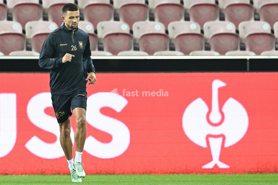 STVV's Visar Musliu pictured in action at a training session of Belgian soccer team Sint-Truidense VV, Wednesday 21 October 2026 in Herning, Denmark, in preparation of tomorrow's game against Danish FC Midtjylland on the second day of the UEFA Conference League league phase