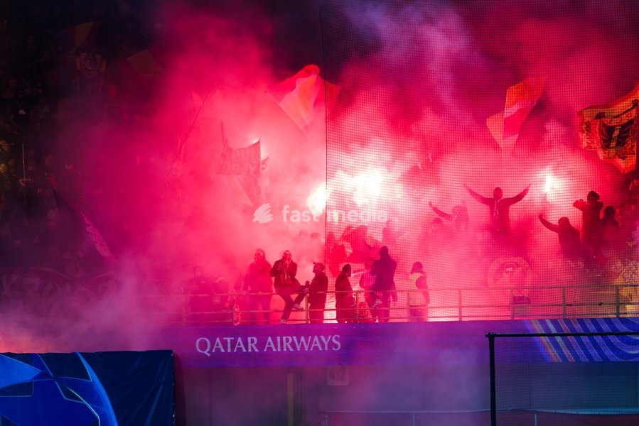 Lens' supporters are pictured during a soccer game between Belgian Club Brugge KV and French Racing Club de Lens, Wednesday 21 October 2026 in Brugge, on day three of the UEFA Champions League league phase