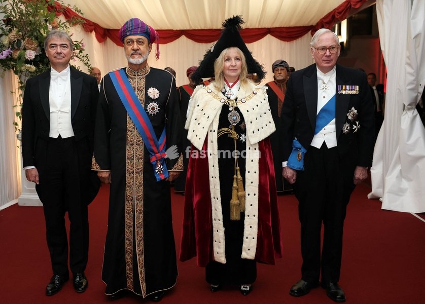 Oman's Sultan Haitham bin Tariq, Lady Mayor of the City of London Dame Susan Langley and Prince Richard, Duke of Gloucester pose as they attend the Guildhall State Banquet during the Sultan's state visit to Britain, in London, October 21, 2026