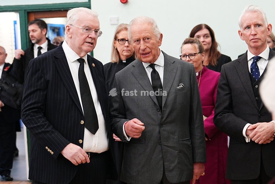 King Charles III (centre) with Aberfan survivor Jeff Edwards (left) at Aberfan at Merthyr Vale Community Centre, to meet survivors, bereaved parents and members of the community to pay tribute to the 144 people who lost their lives in the Aberfan disaster on October 21 1966. Picture date: Wednesday…
