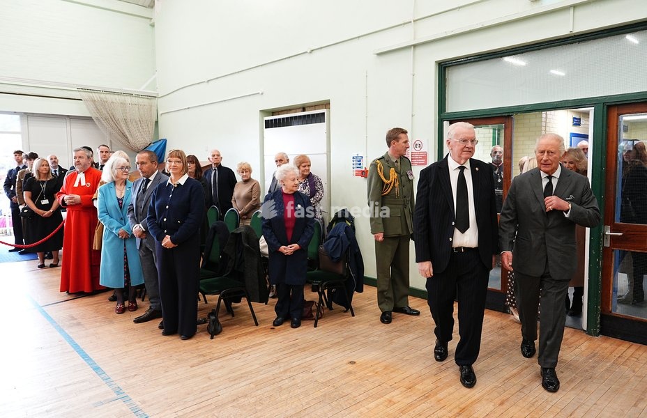 King Charles III (right) with Aberfan survivor Jeff Edwards at Aberfan at Merthyr Vale Community Centre, to meet survivors, bereaved parents and members of the community to pay tribute to the 144 people who lost their lives in the Aberfan disaster on October 21 1966. Picture date: Wednesday October…