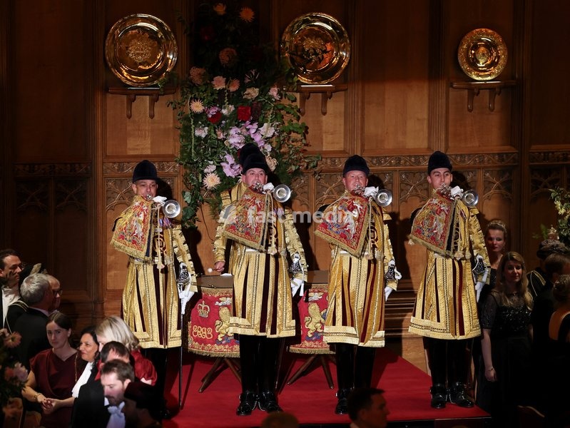 State trumpeters perform at the Guildhall State Banquet during Oman's Sultan Haitham bin Tariq's state visit to Britain in London, October 21, 2026