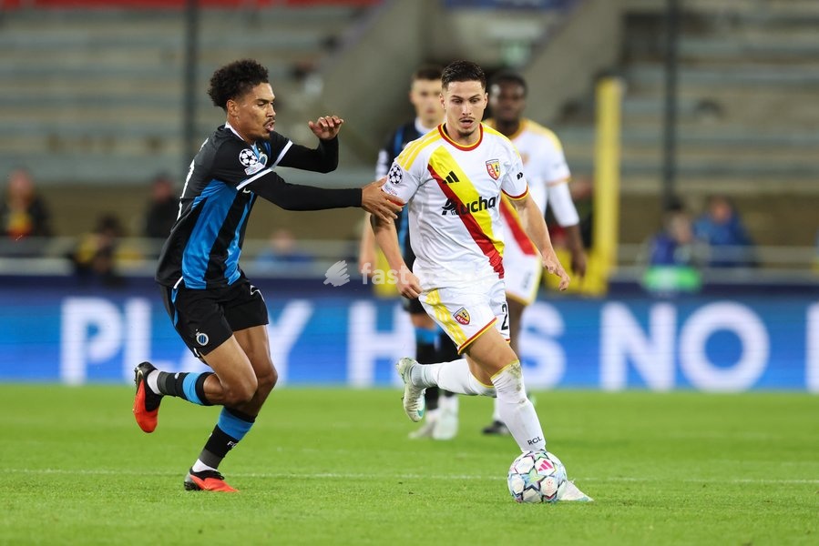 Club's Felix Lemarechal and Lens' Franjo Ivanovic fight for the ball during a soccer game between Belgian Club Brugge KV and French Racing Club de Lens, Wednesday 21 October 2026 in Brugge, on day three of the UEFA Champions League league phase