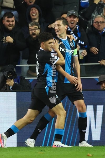 Club's Hans Vanaken celebrates after scoring during a soccer game between Belgian Club Brugge KV and French Racing Club de Lens, Wednesday 21 October 2026 in Brugge, on day three of the UEFA Champions League league phase