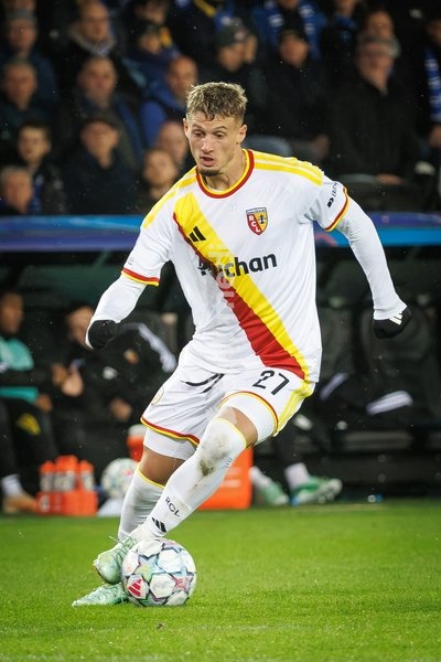 Lens' Michael Cuisance pictured in action during a soccer game between Belgian Club Brugge KV and French Racing Club de Lens, Wednesday 21 October 2026 in Brugge, on day three of the UEFA Champions League league phase
