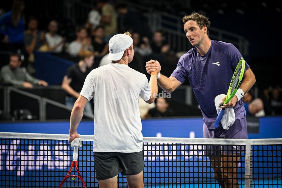 Gauthier Onclin of Belgium, Jan-Lennard Struff of Germany pictured during the European Open ATP tennis tournament in Brussels, on 21 October. This year's edition of the tournament is taking place from 17 to 25 October