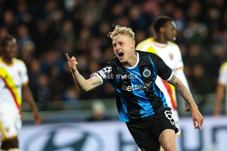Club's Joaquin Seys celebrates after scoring during a soccer game between Belgian Club Brugge KV and French Racing Club de Lens, Wednesday 21 October 2026 in Brugge, on day three of the UEFA Champions League league phase