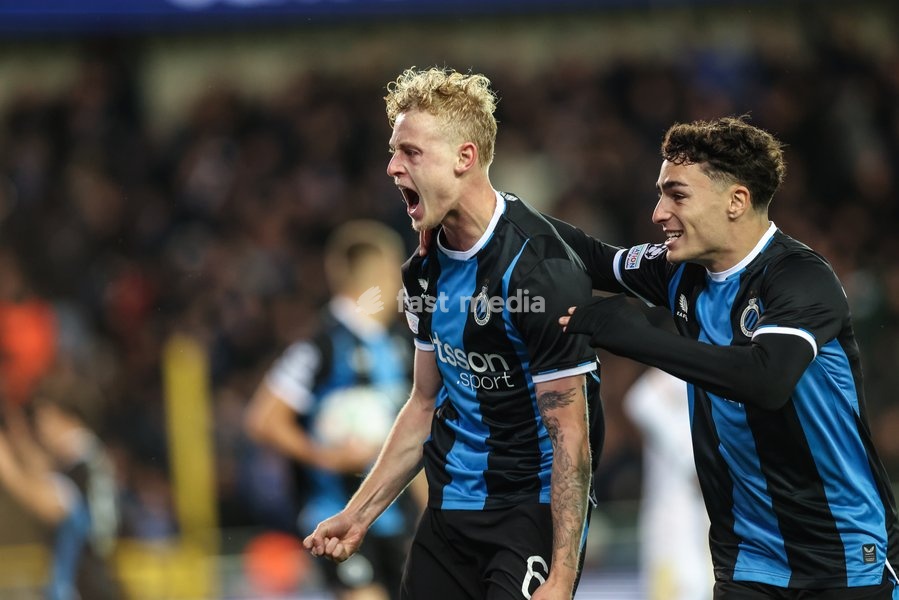 Club's Joaquin Seys celebrates after scoring during a soccer game between Belgian Club Brugge KV and French Racing Club de Lens, Wednesday 21 October 2026 in Brugge, on day three of the UEFA Champions League league phase