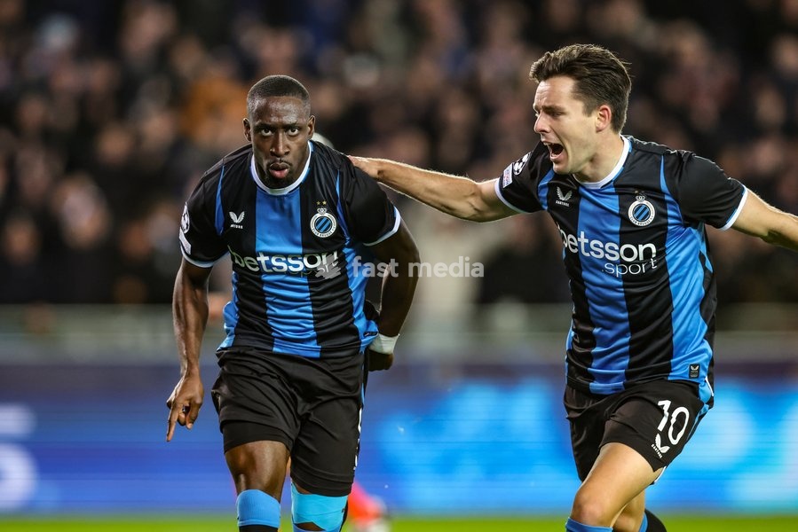 Club's Carlos Forbs celebrates after scoring during a soccer game between Belgian Club Brugge KV and French Racing Club de Lens, Wednesday 21 October 2026 in Brugge, on day three of the UEFA Champions League league phase