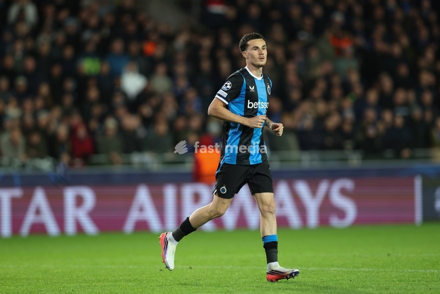 Club's Milan Robberechts is pictured during a soccer game between Belgian Club Brugge KV and French Racing Club de Lens, Wednesday 21 October 2026 in Brugge, on day three of the UEFA Champions League league phase
