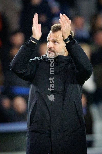 Club's head coach Ivan Leko celebrates after winning a soccer game between Belgian Club Brugge KV and French Racing Club de Lens, Wednesday 21 October 2026 in Brugge, on day three of the UEFA Champions League league phase
