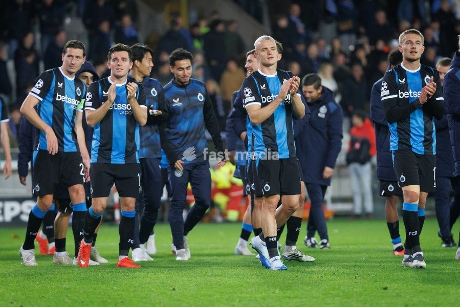 Club's players celebrates after winning a soccer game between Belgian Club Brugge KV and French Racing Club de Lens, Wednesday 21 October 2026 in Brugge, on day three of the UEFA Champions League league phase