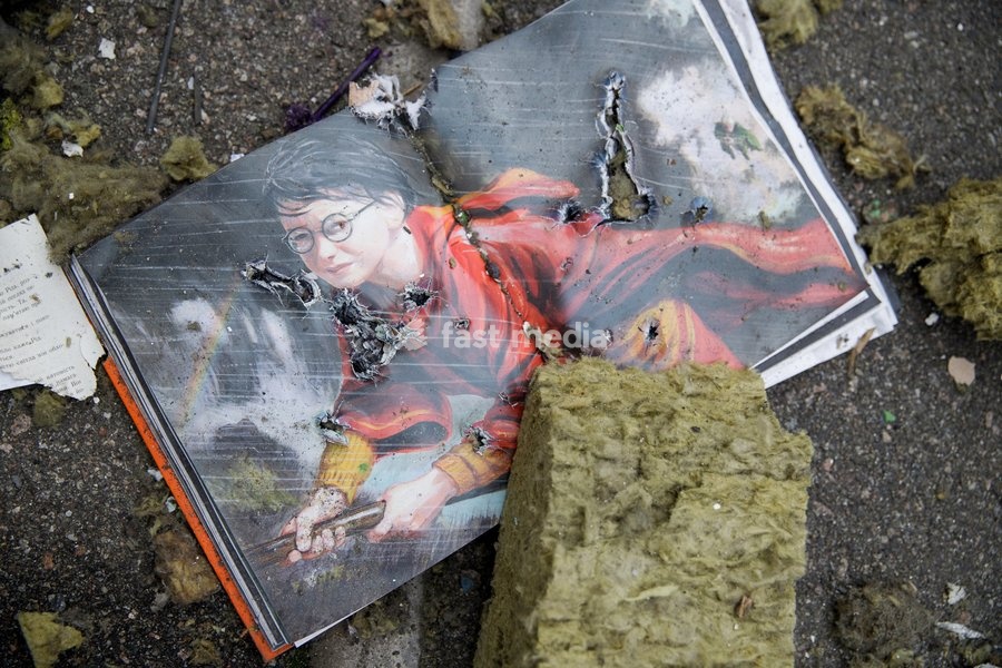 A book from the Harry Potter series by British author J. K. Rowling lies on the ground among rubble in a shopping area in the Obolonskyi district damaged by a Russian attack, Kyiv, Ukraine, October 22, 2026. On Thursday night, Russian forces struck the Ukrainian capital with ballistic missiles and…