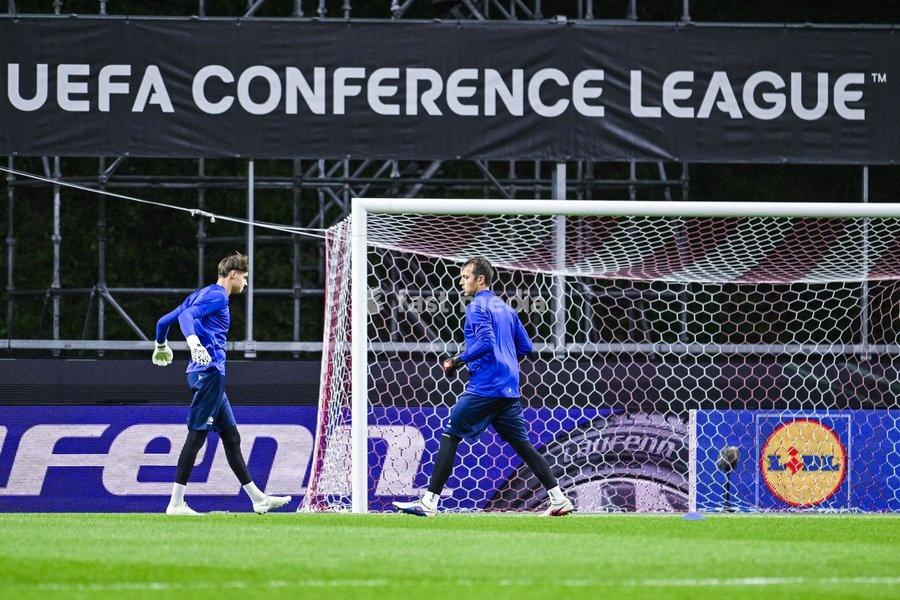 Bas Evers goalkeeper of KAA Gent and Davy Roef goalkeeper of KAA Gent pictured in action at the warm-up ahead of a soccer game between Portuguese SC Braga and Belgian soccer team KAA Gent, Thursday 22 October 2026 in Braga, Portugal, the second match in the UEFA Conference League league phase