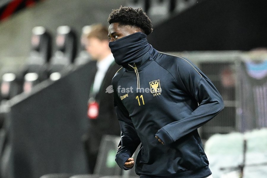 STVV's Nathanael Mbuku pictured before a soccer game between Danish FC Midtjylland and Belgian Sint-Truidense VV, Thursday 22 October 2026 in Herning, Denmark, on the second day of the UEFA Conference League league phase