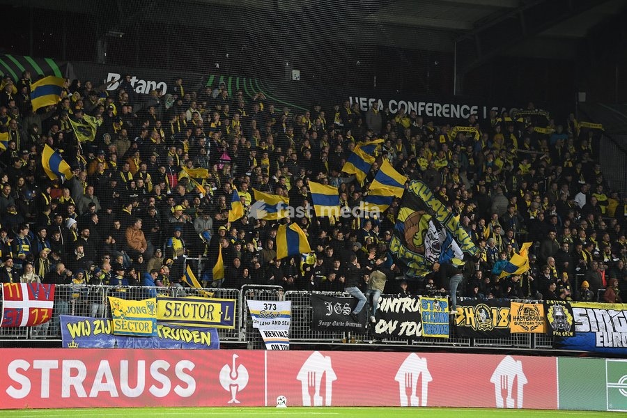 STVV's supporters pictured before a soccer game between Danish FC Midtjylland and Belgian Sint-Truidense VV, Thursday 22 October 2026 in Herning, Denmark, on the second day of the UEFA Conference League league phase