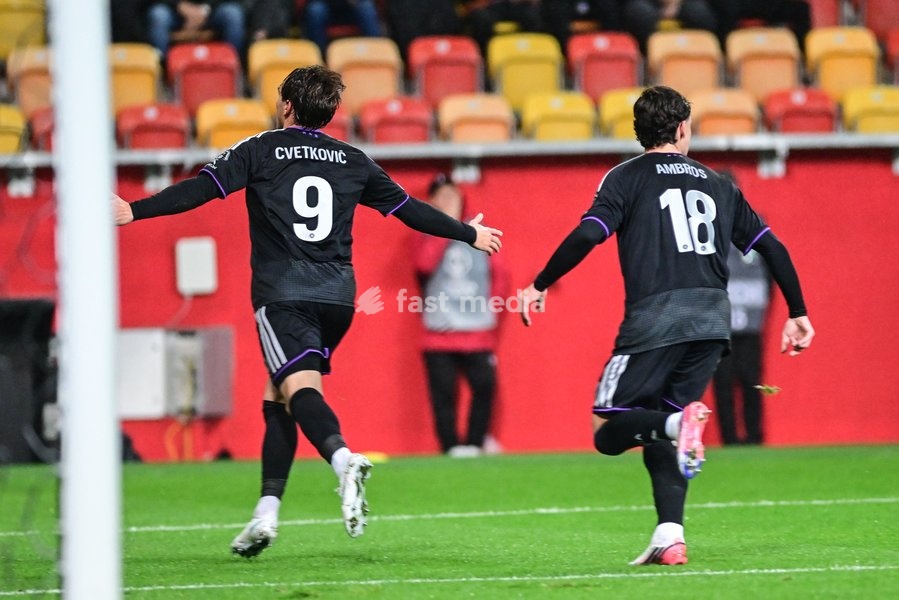 Anderlecht's Mihajlo Cvetkovic celebrates after scoring during a soccer game between Polish Jagiellonia Bialystok and Belgian RSC Anderlecht, Thursday 22 October 2026 in Bialystok, Poland, on day three of the UEFA Europa League league phase