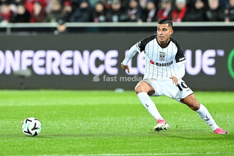STVV's Ilias Sebaoui pictured in action during a soccer game between Danish FC Midtjylland and Belgian Sint-Truidense VV, Thursday 22 October 2026 in Herning, Denmark, on the second day of the UEFA Conference League league phase