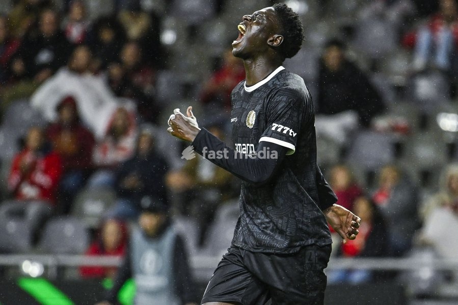 Ibrahimа Cisse of KAA Gent reacts during a soccer game between Portuguese SC Braga and Belgian soccer team KAA Gent, Thursday 22 October 2026 in Braga, Portugal, the second match in the UEFA Conference League league phase