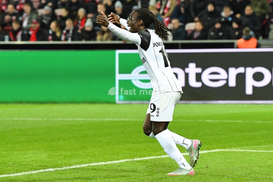 STVV's Frederic Soelle Soelle celebrates after scoring during a soccer game between Danish FC Midtjylland and Belgian Sint-Truidense VV, Thursday 22 October 2026 in Herning, Denmark, on the second day of the UEFA Conference League league phase
